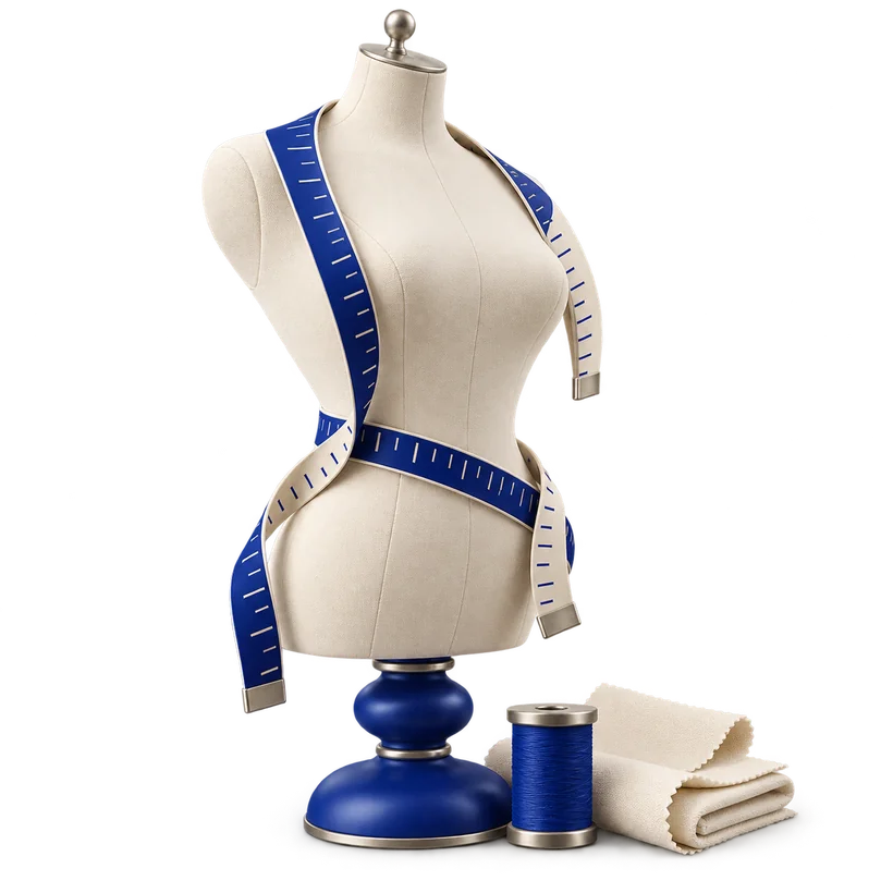 Conceptual ivory tailoring form with cobalt measuring tape