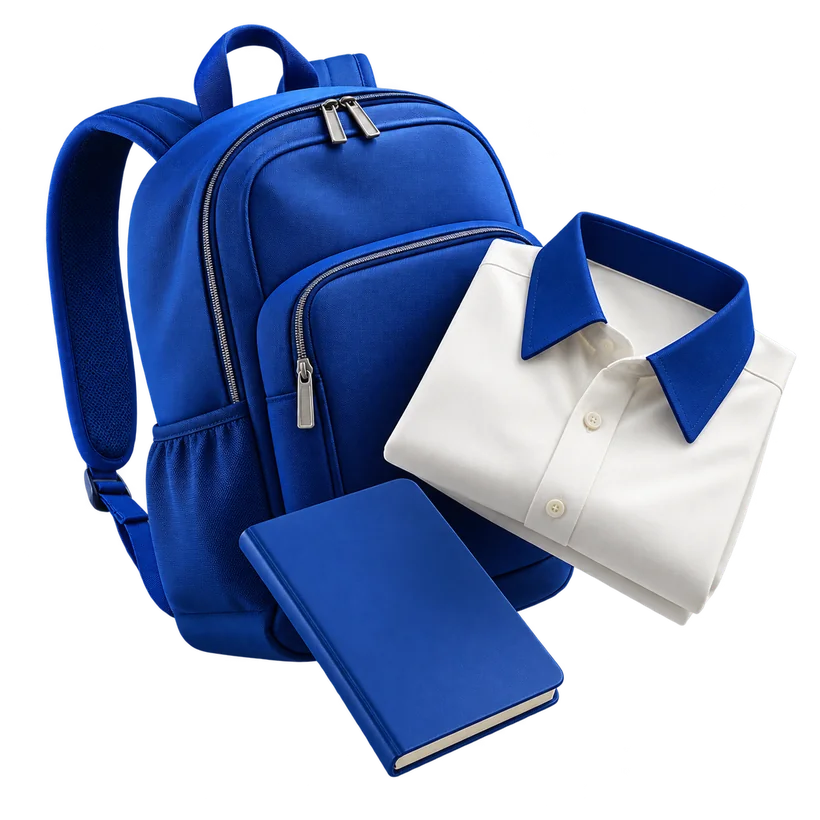 Conceptual blue backpack, folded white uniform shirt and notebook