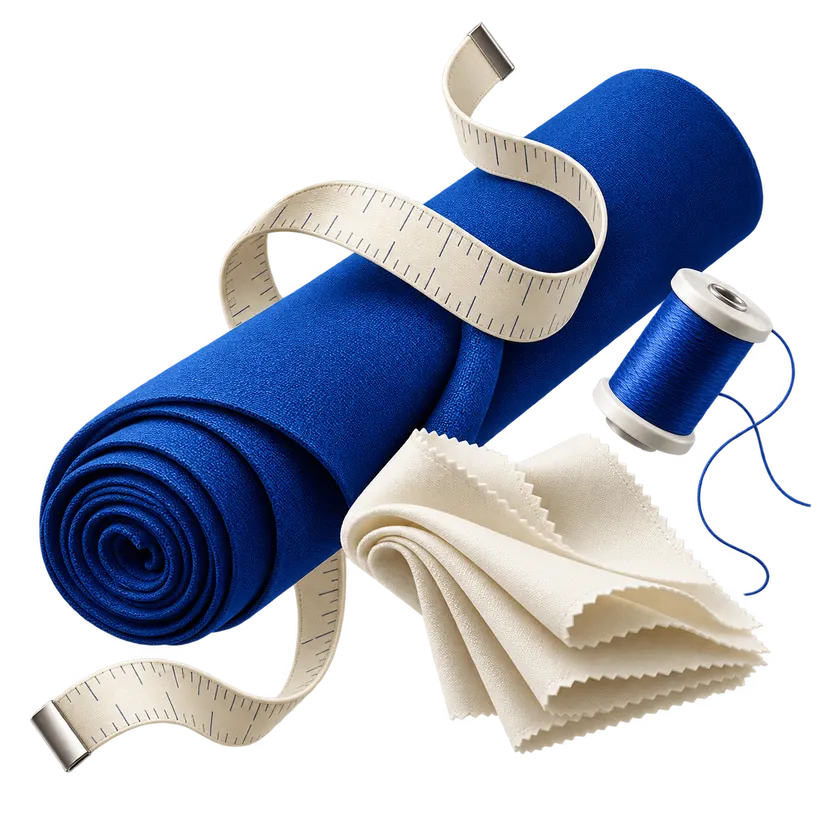 Sculptural blue fabric roll, measuring tape and thread representing uniform tailoring