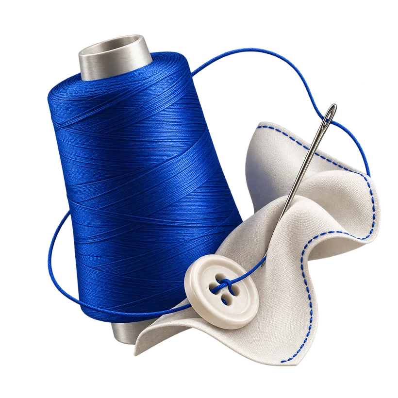 Conceptual blue thread spool, stitched ivory fabric, needle and button