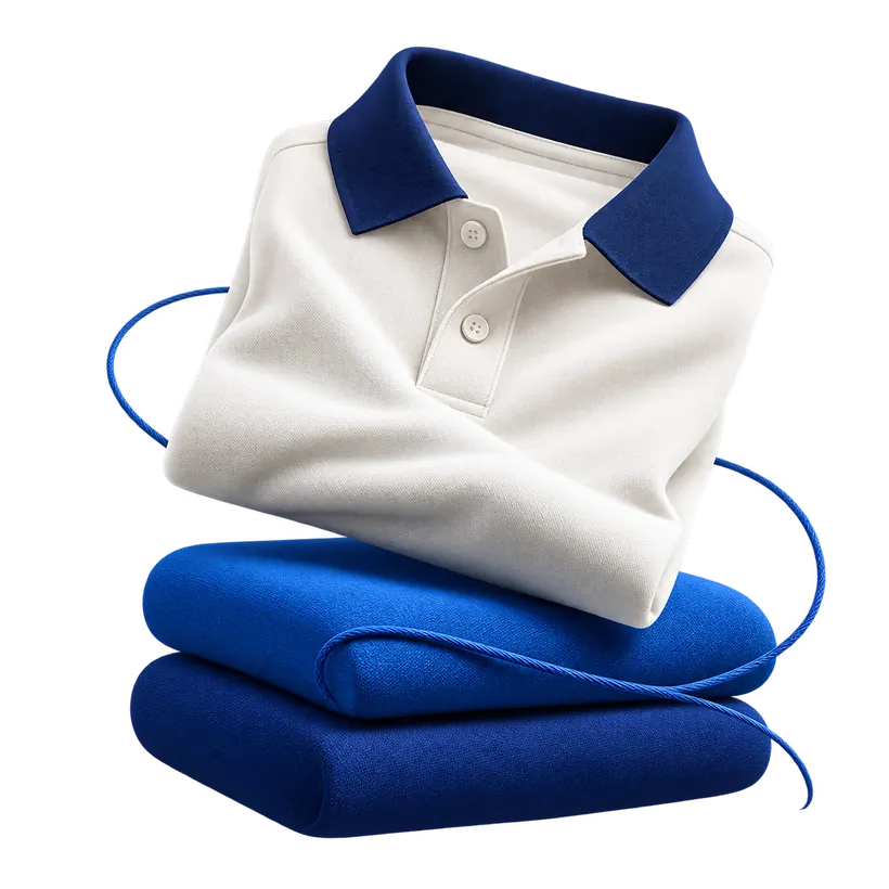 Conceptual illustration of a folded uniform polo with blue fabric and tailoring thread