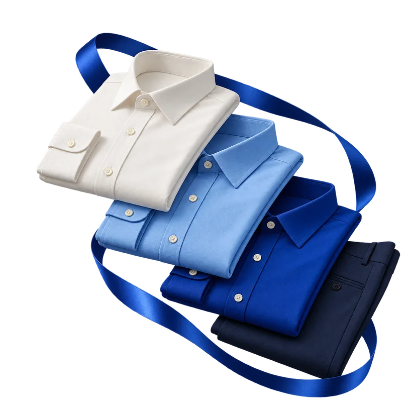 Conceptual folded ivory, sky blue and cobalt shirts with navy trousers