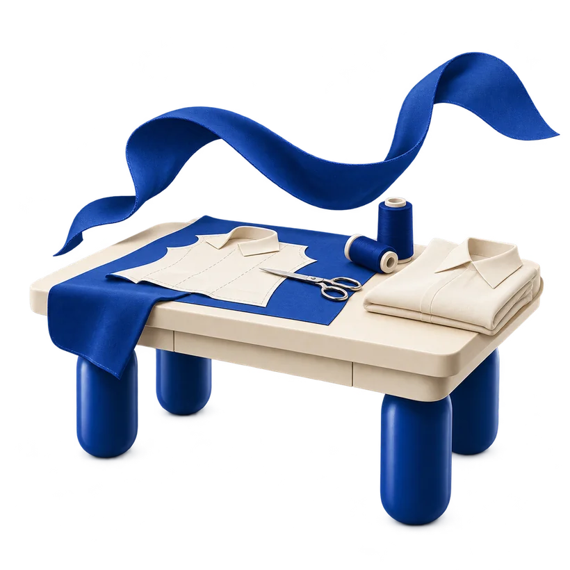 Conceptual blue and ivory tailoring workbench with garment pattern and thread